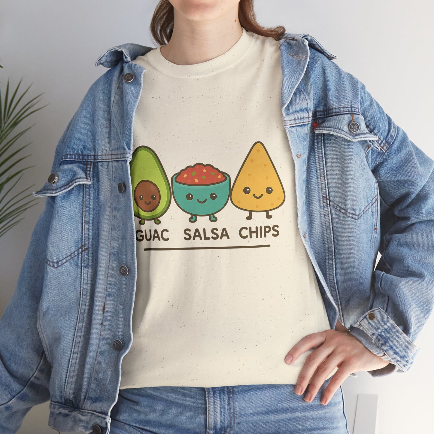 Cute kawaii-style guacamole, salsa, and chip characters