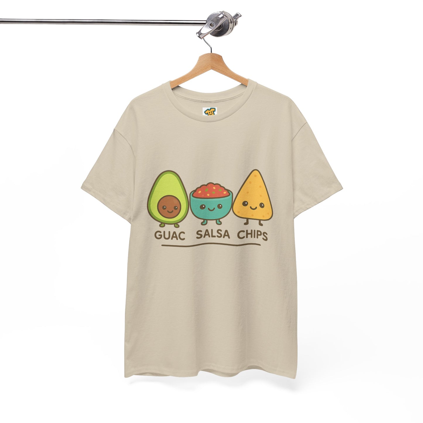 Cute kawaii-style guacamole, salsa, and chip characters