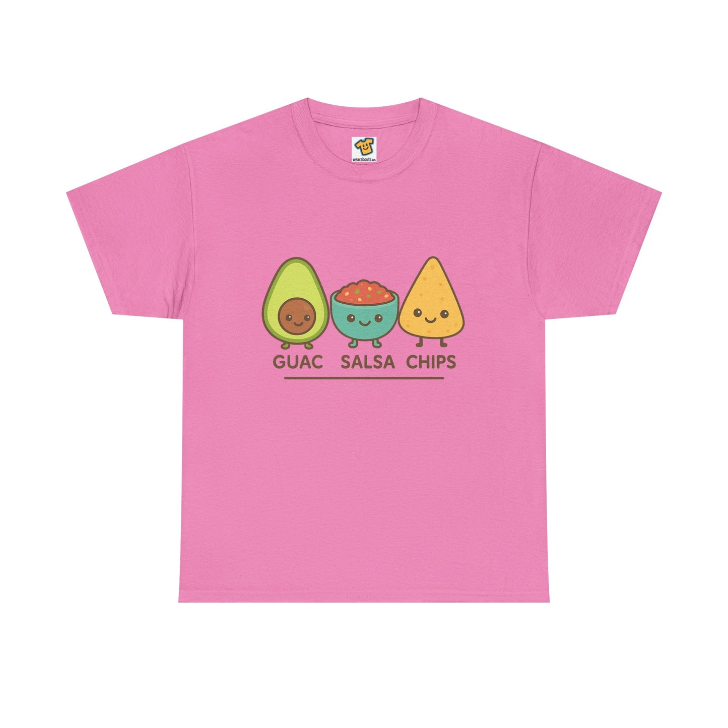 Cute kawaii-style guacamole, salsa, and chip characters