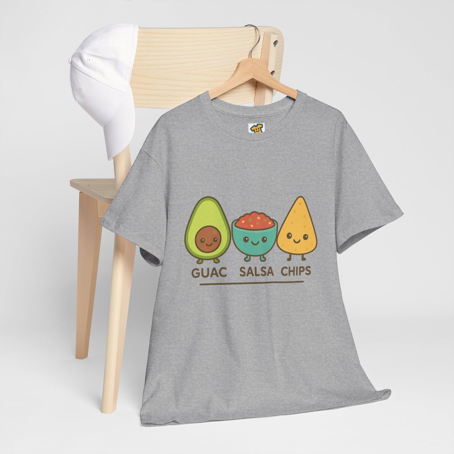 Cute kawaii-style guacamole, salsa, and chip characters