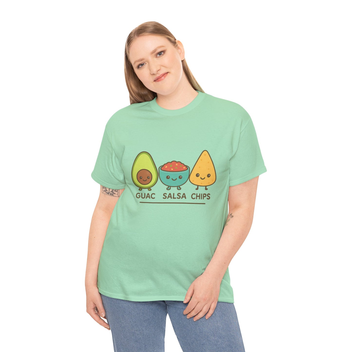 Cute kawaii-style guacamole, salsa, and chip characters