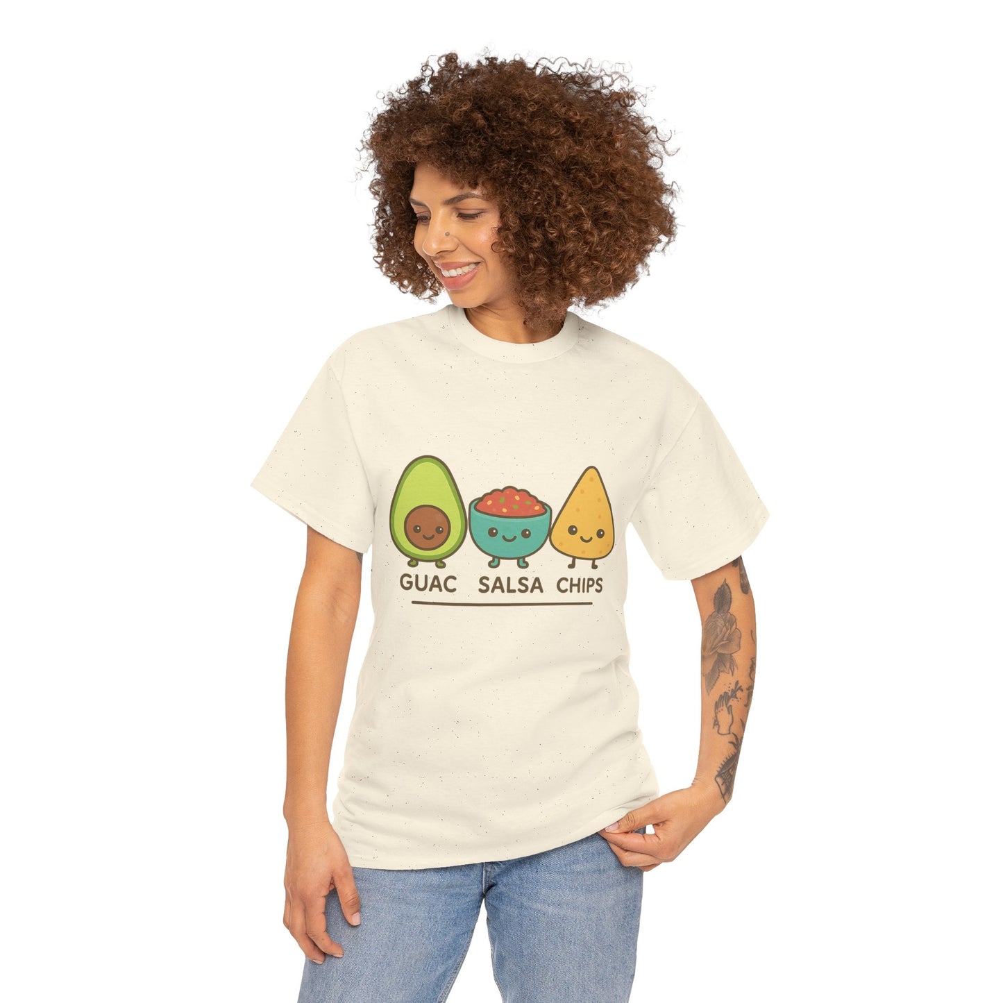 Cute kawaii-style guacamole, salsa, and chip characters