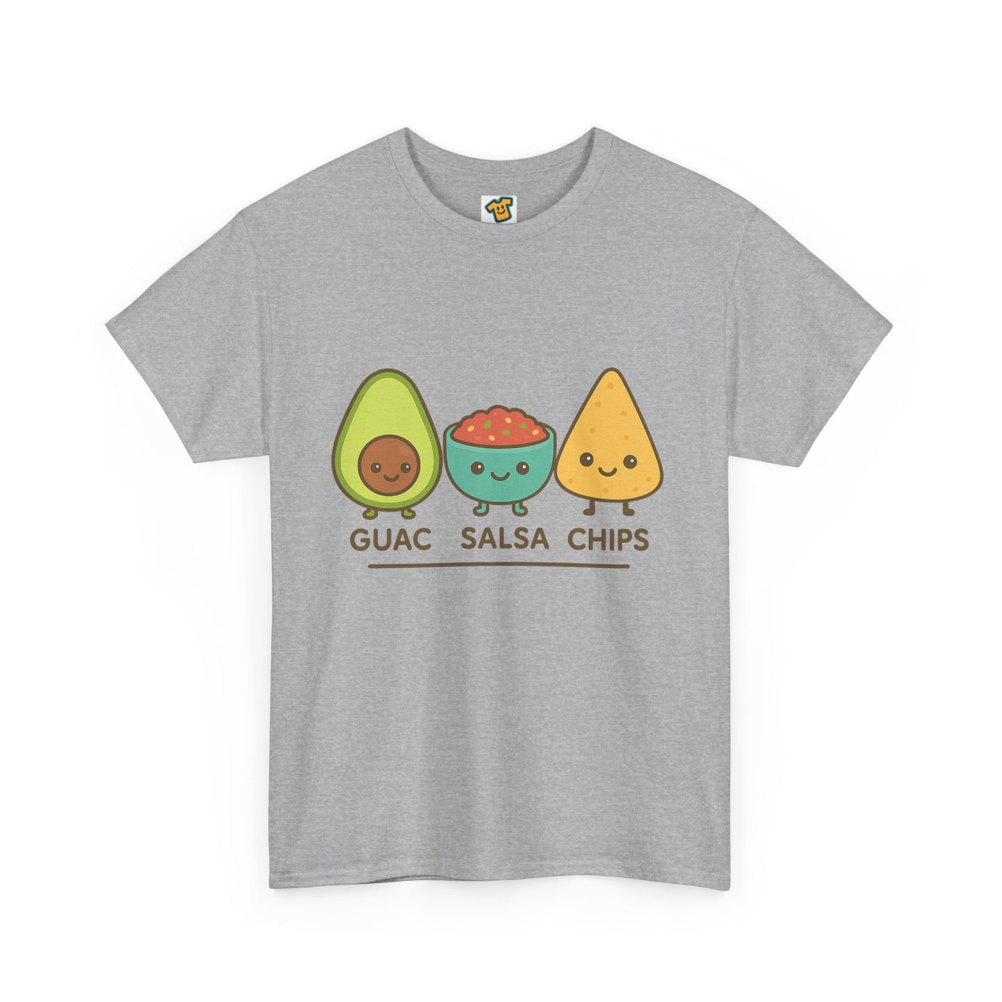 Cute kawaii-style guacamole, salsa, and chip characters