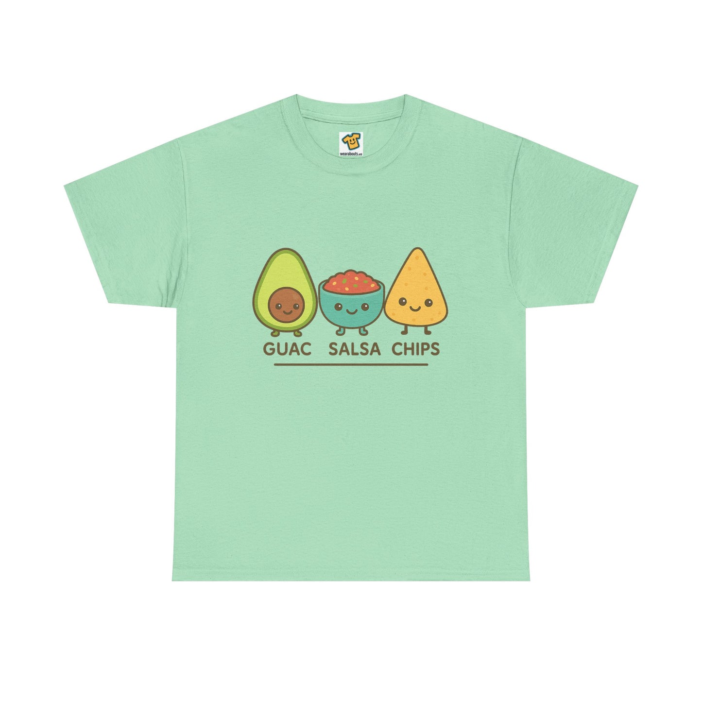 Cute kawaii-style guacamole, salsa, and chip characters