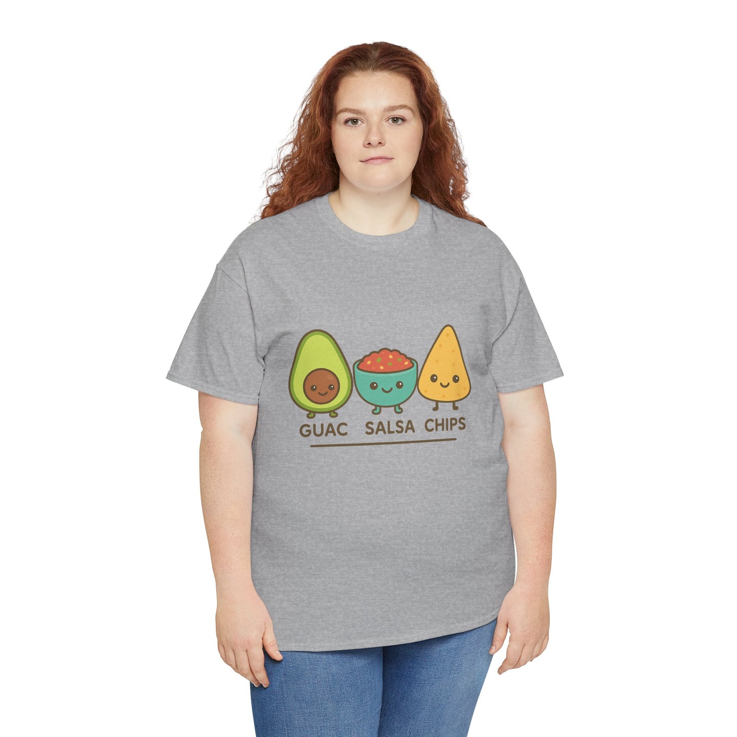 Cute kawaii-style guacamole, salsa, and chip characters