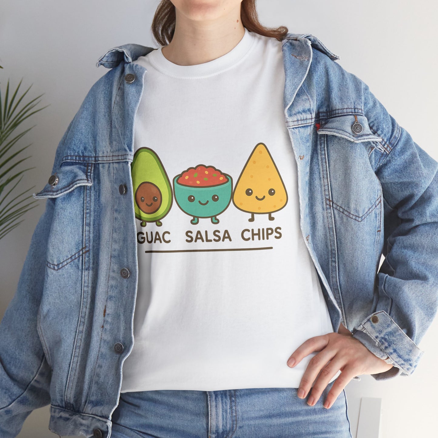 Cute kawaii-style guacamole, salsa, and chip characters