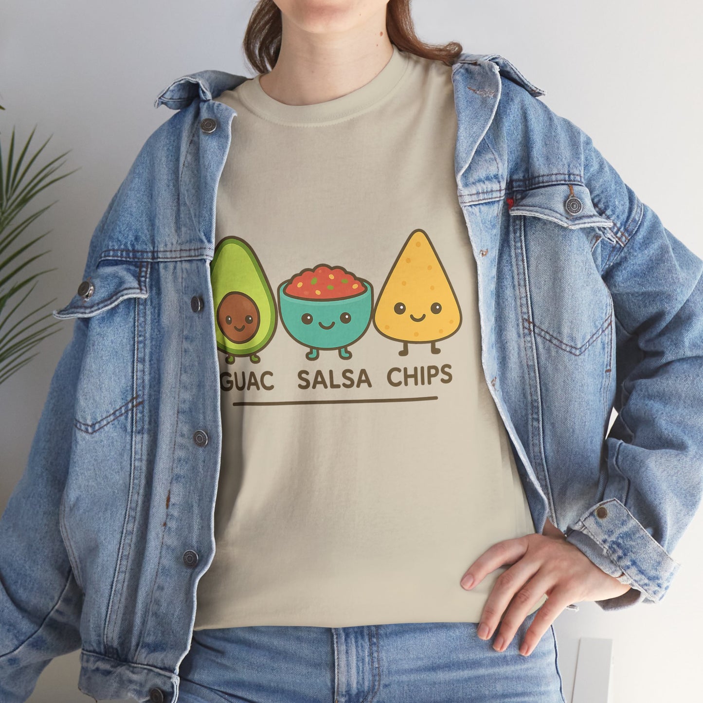 Cute kawaii-style guacamole, salsa, and chip characters