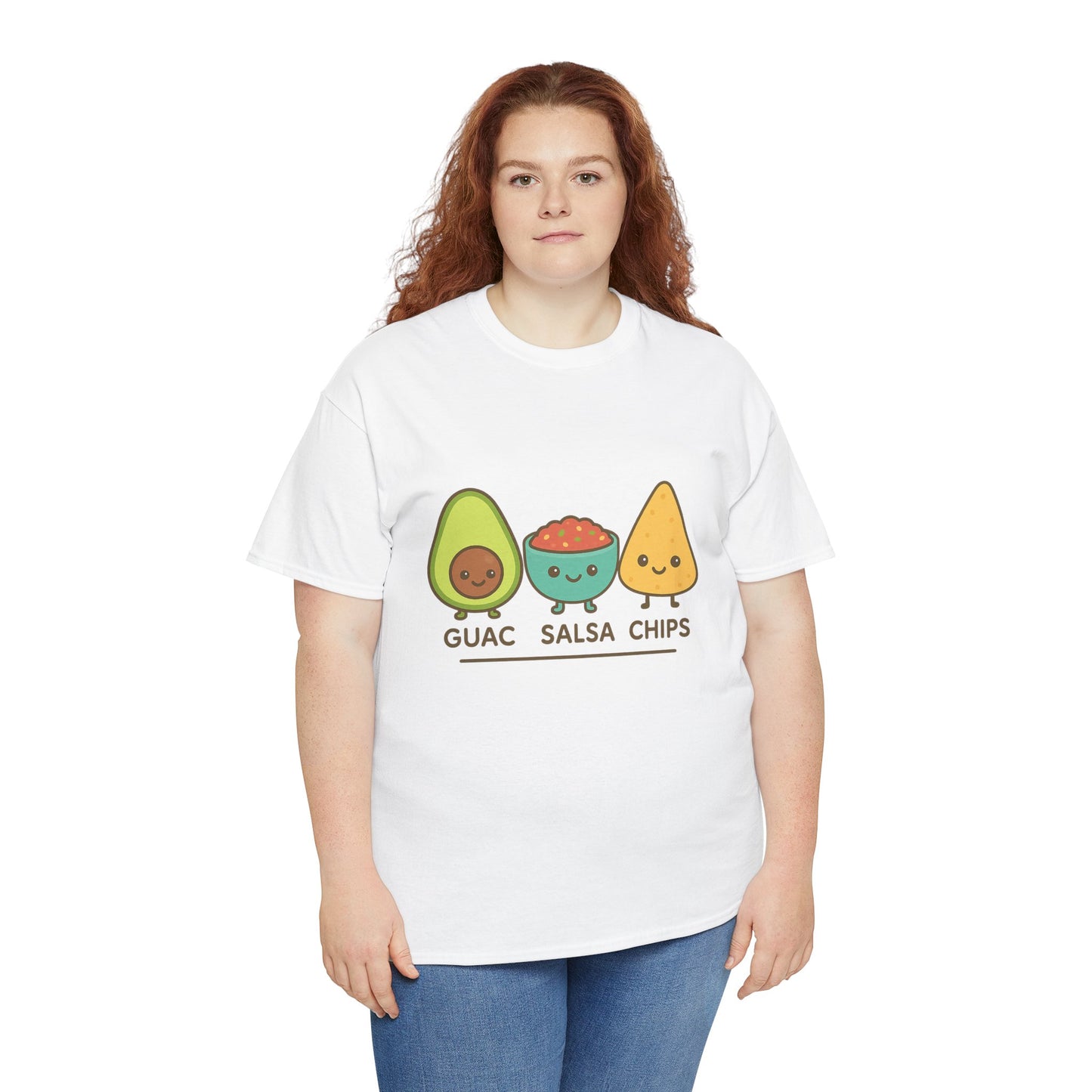 Cute kawaii-style guacamole, salsa, and chip characters