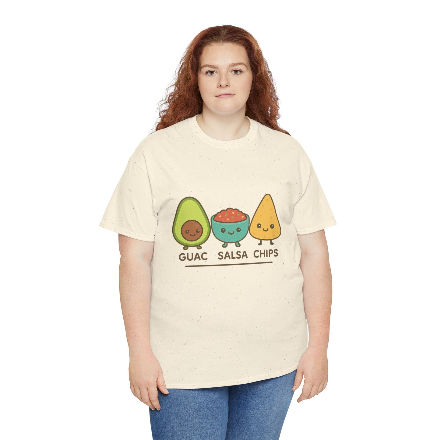 Cute kawaii-style guacamole, salsa, and chip characters