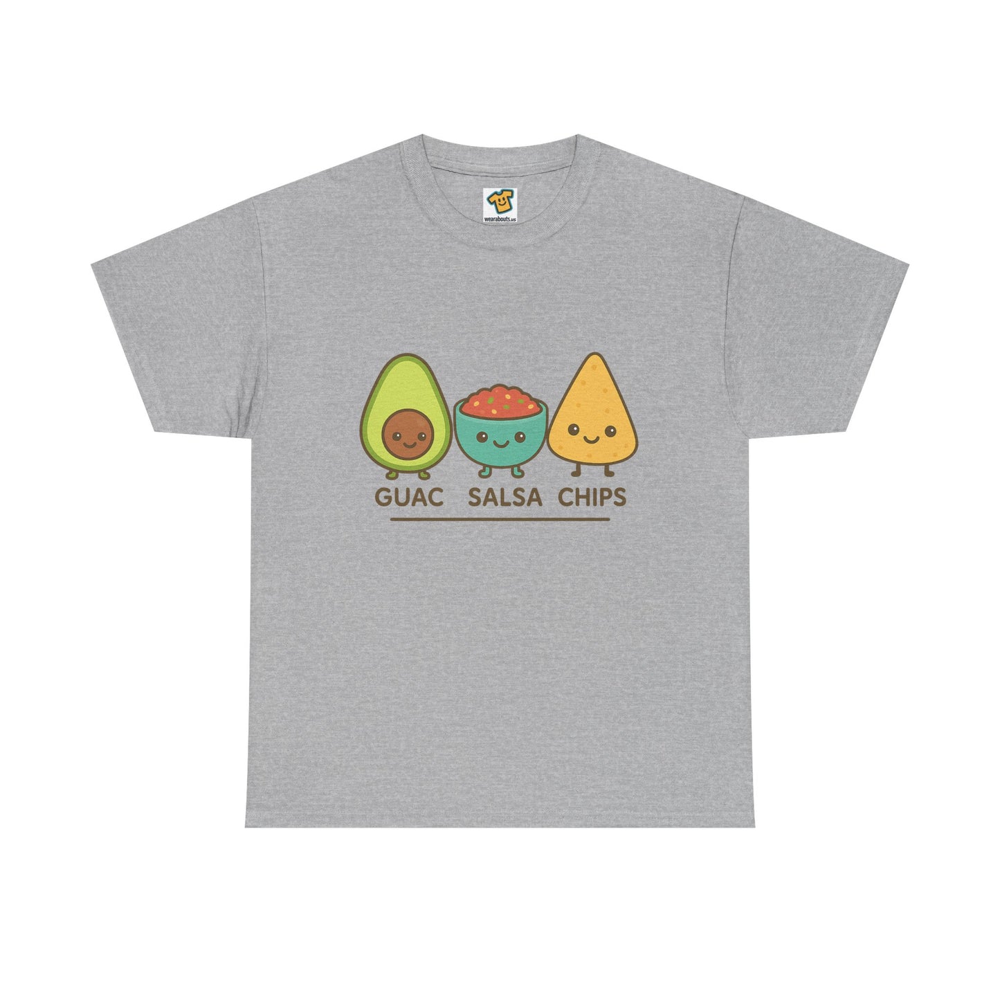 Cute kawaii-style guacamole, salsa, and chip characters
