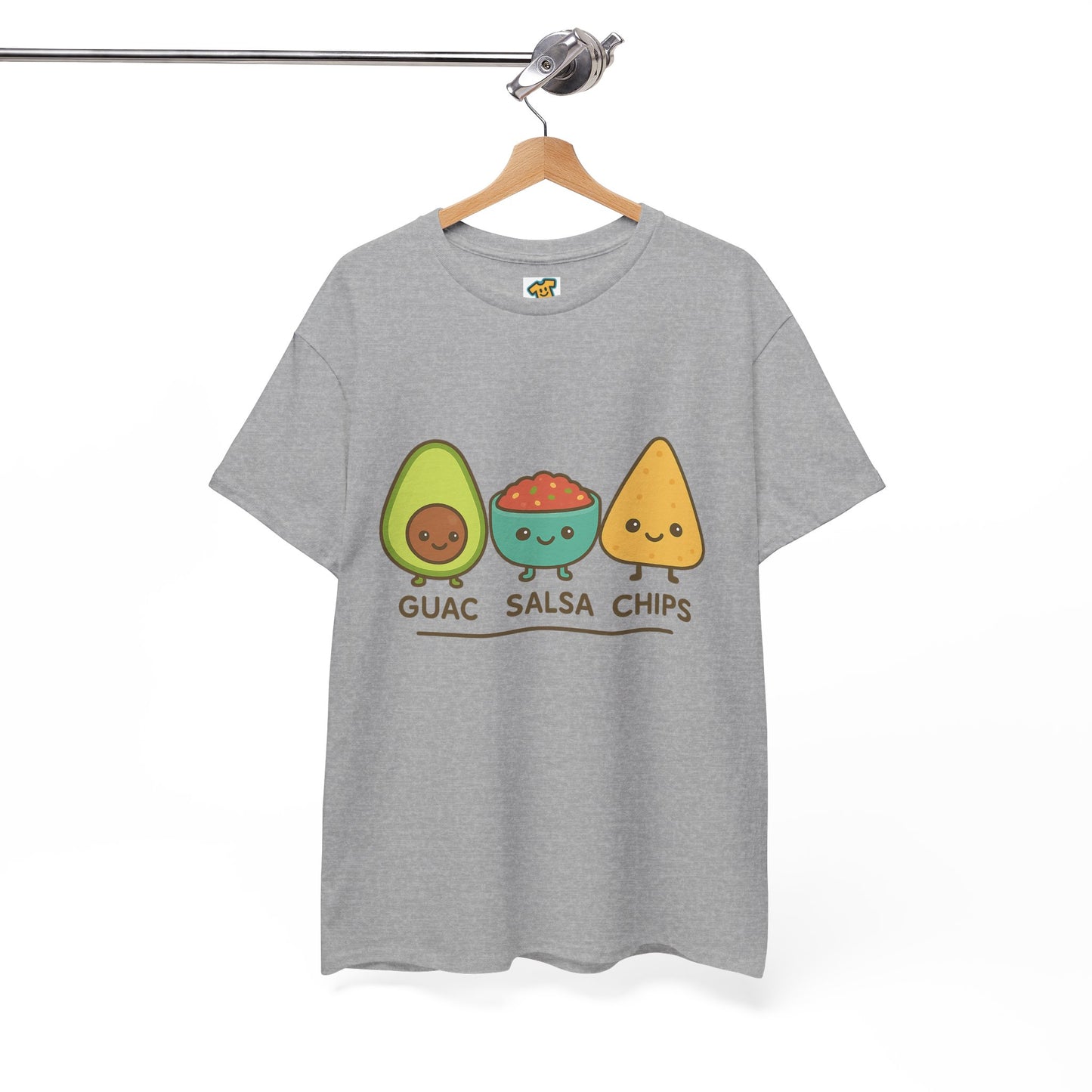 Cute kawaii-style guacamole, salsa, and chip characters