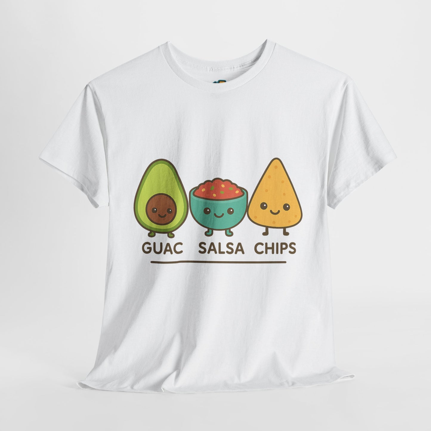Cute kawaii-style guacamole, salsa, and chip characters