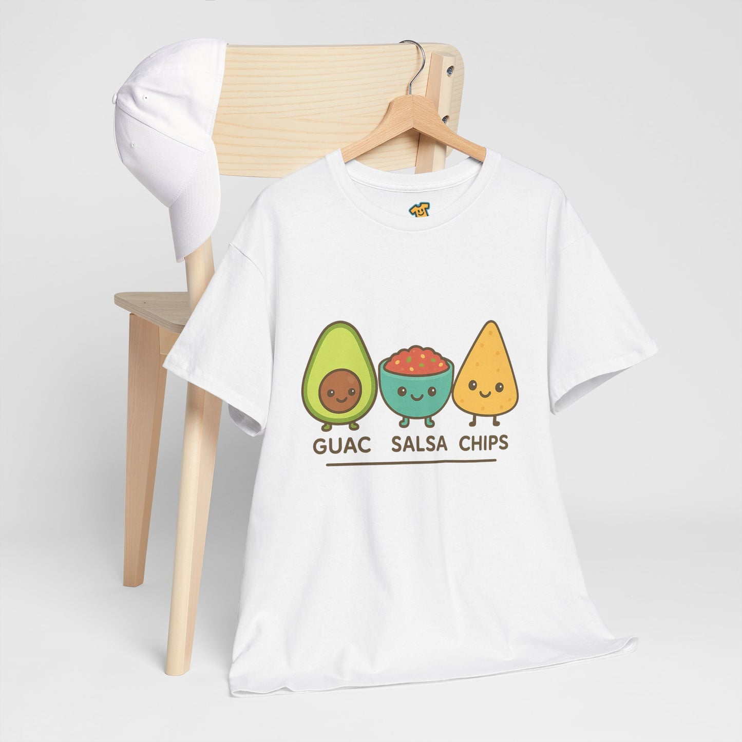 Cute kawaii-style guacamole, salsa, and chip characters