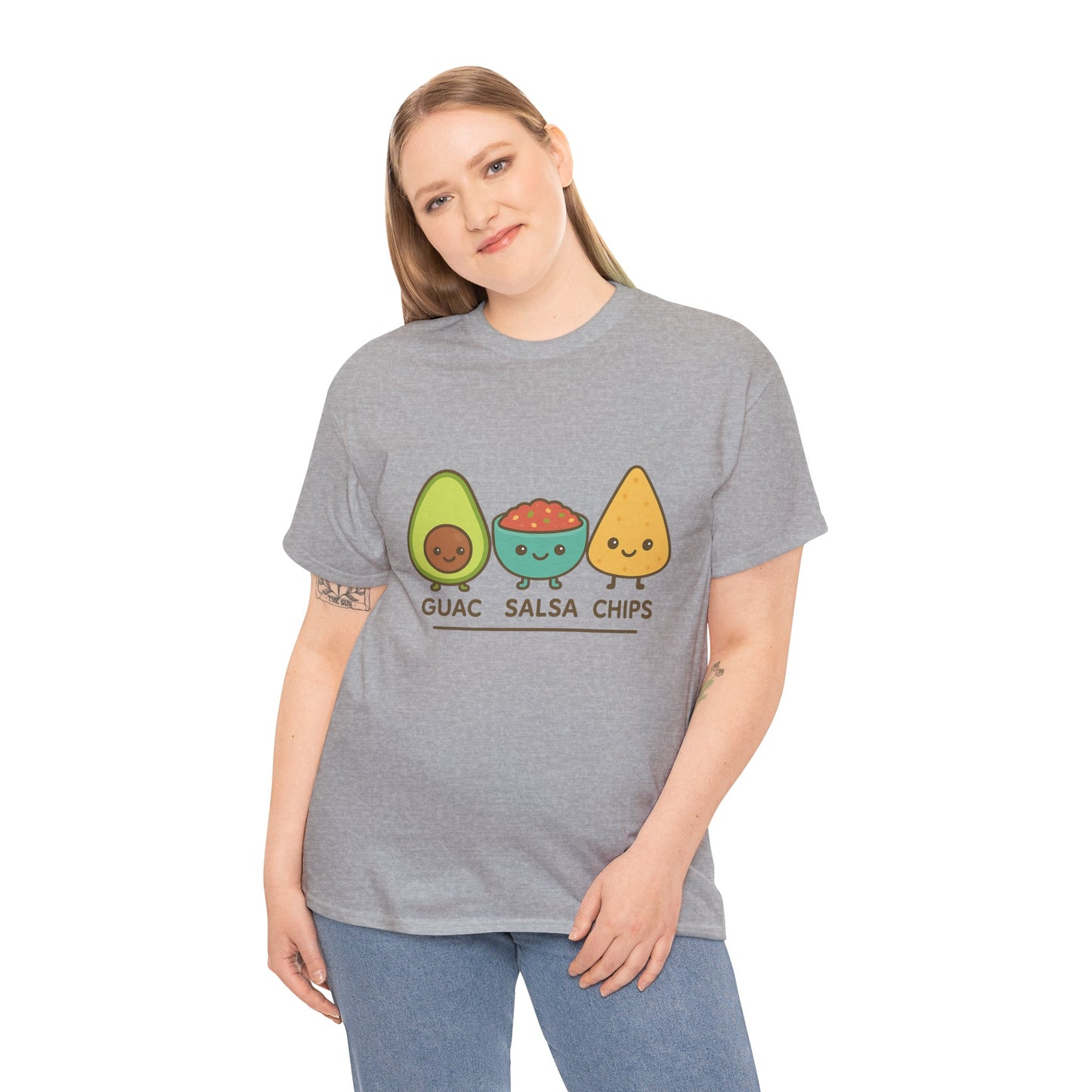 Cute kawaii-style guacamole, salsa, and chip characters