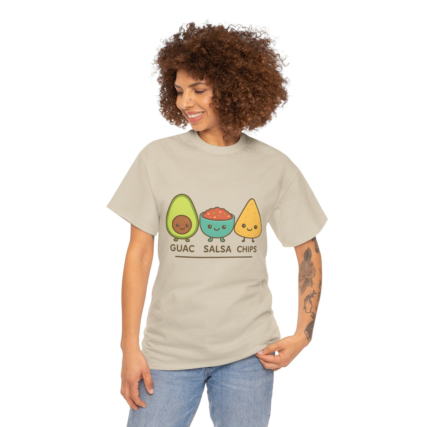 Cute kawaii-style guacamole, salsa, and chip characters