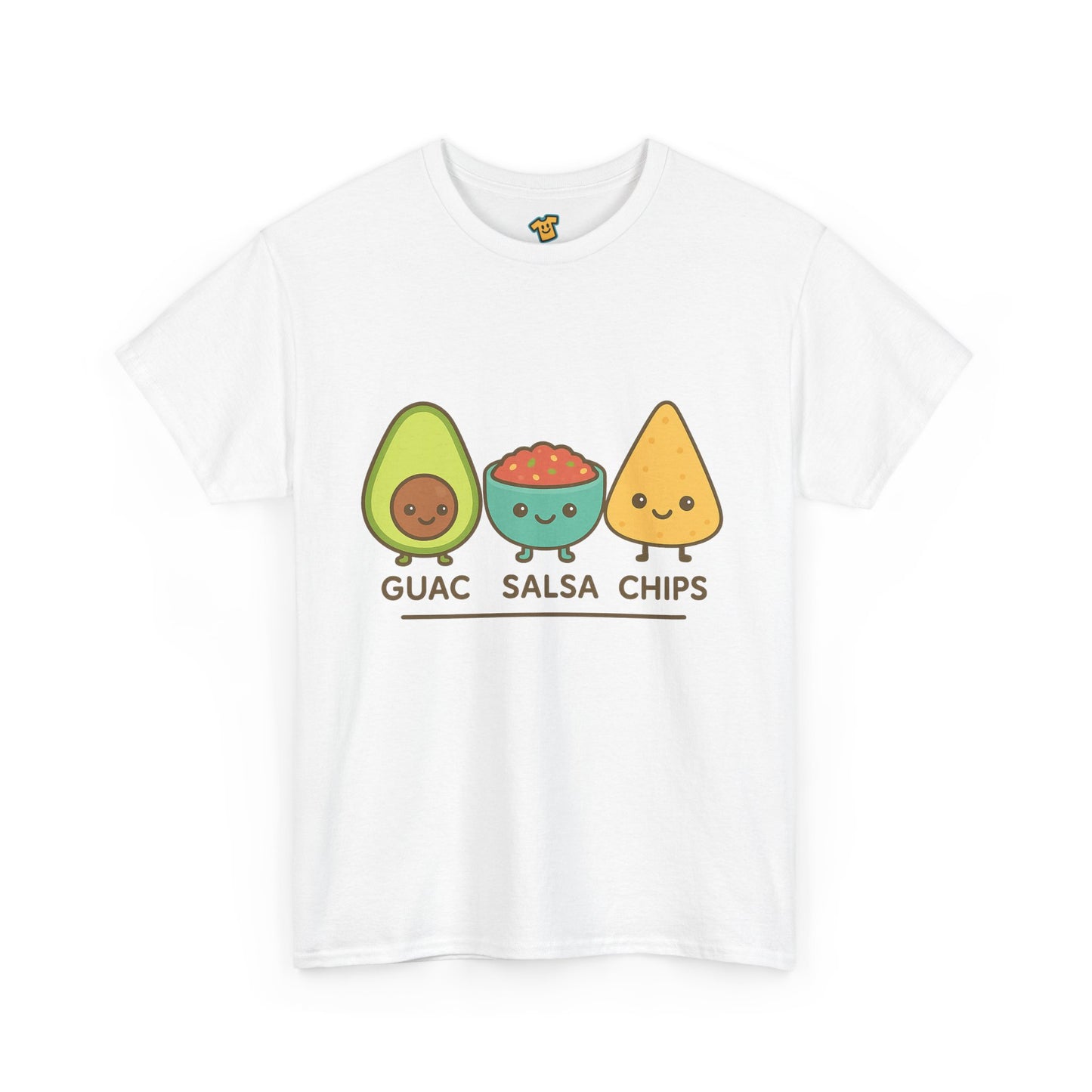 Cute kawaii-style guacamole, salsa, and chip characters