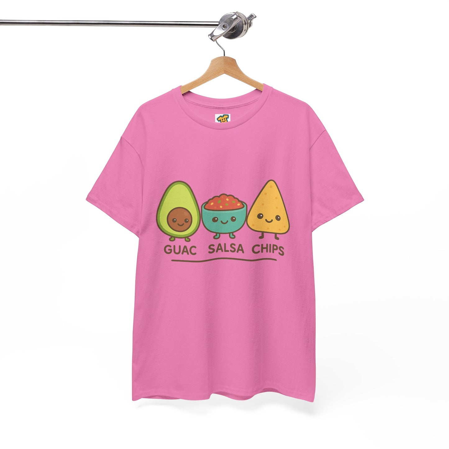 Cute kawaii-style guacamole, salsa, and chip characters