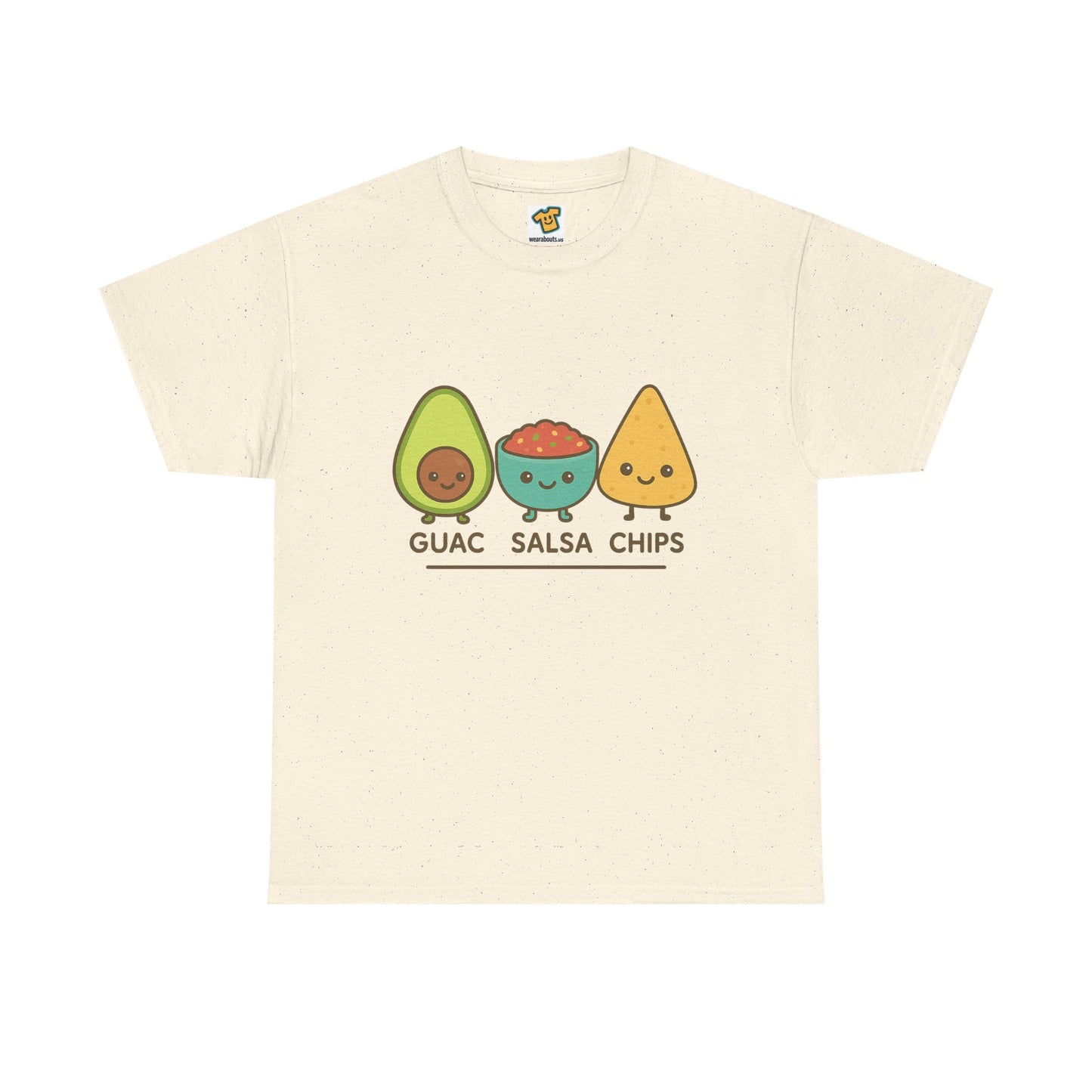 Cute kawaii-style guacamole, salsa, and chip characters