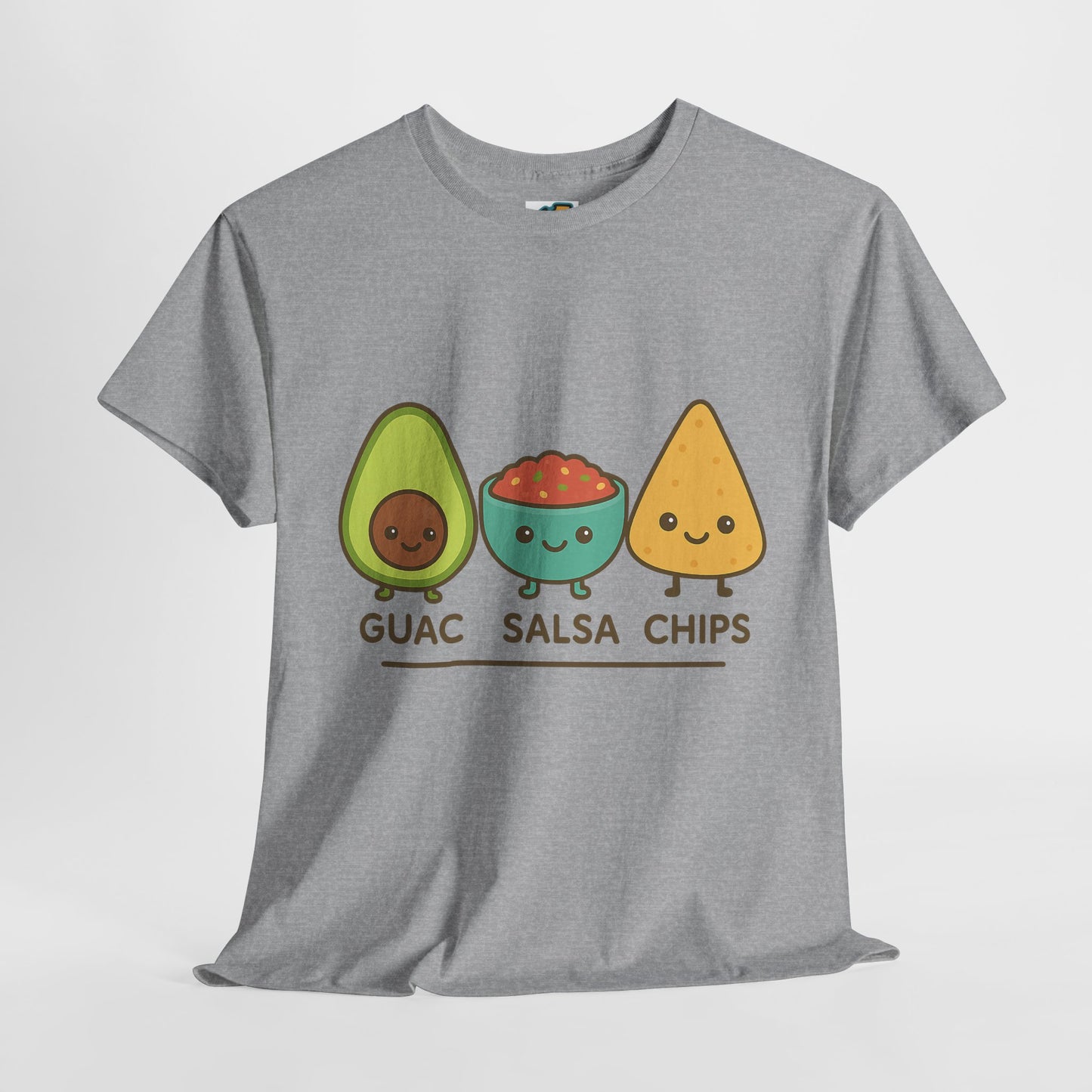 Cute kawaii-style guacamole, salsa, and chip characters