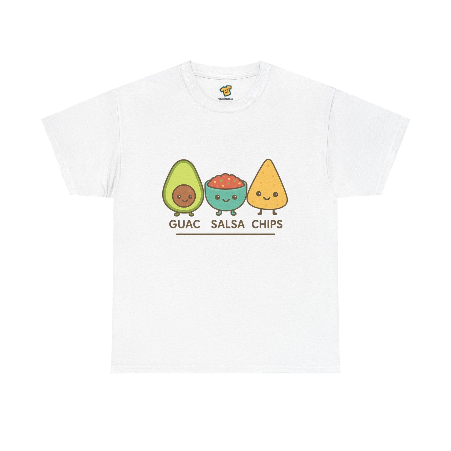 Cute kawaii-style guacamole, salsa, and chip characters