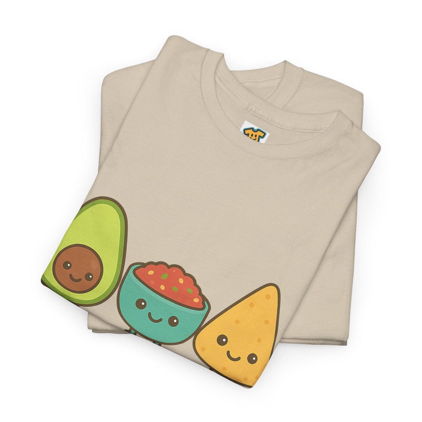 Cute kawaii-style guacamole, salsa, and chip characters