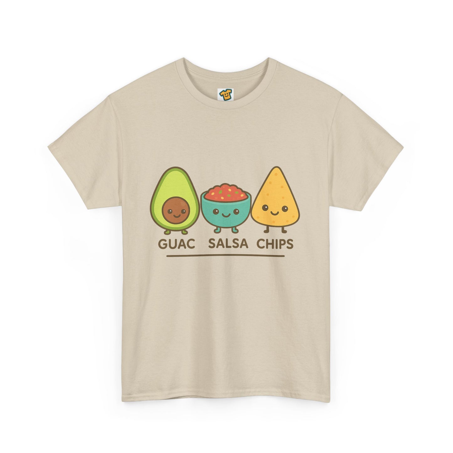 Cute kawaii-style guacamole, salsa, and chip characters