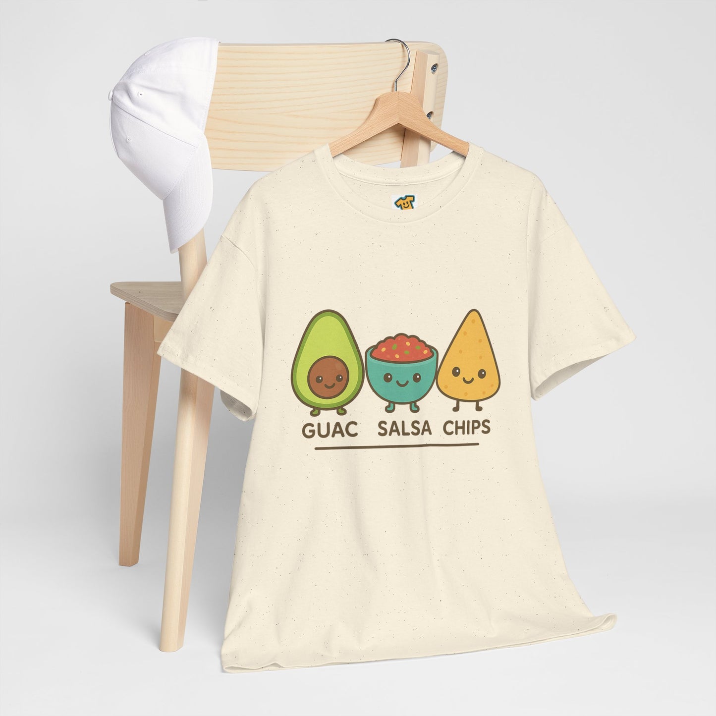 Cute kawaii-style guacamole, salsa, and chip characters