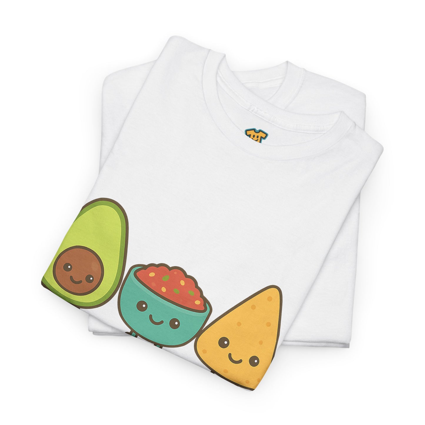 Cute kawaii-style guacamole, salsa, and chip characters