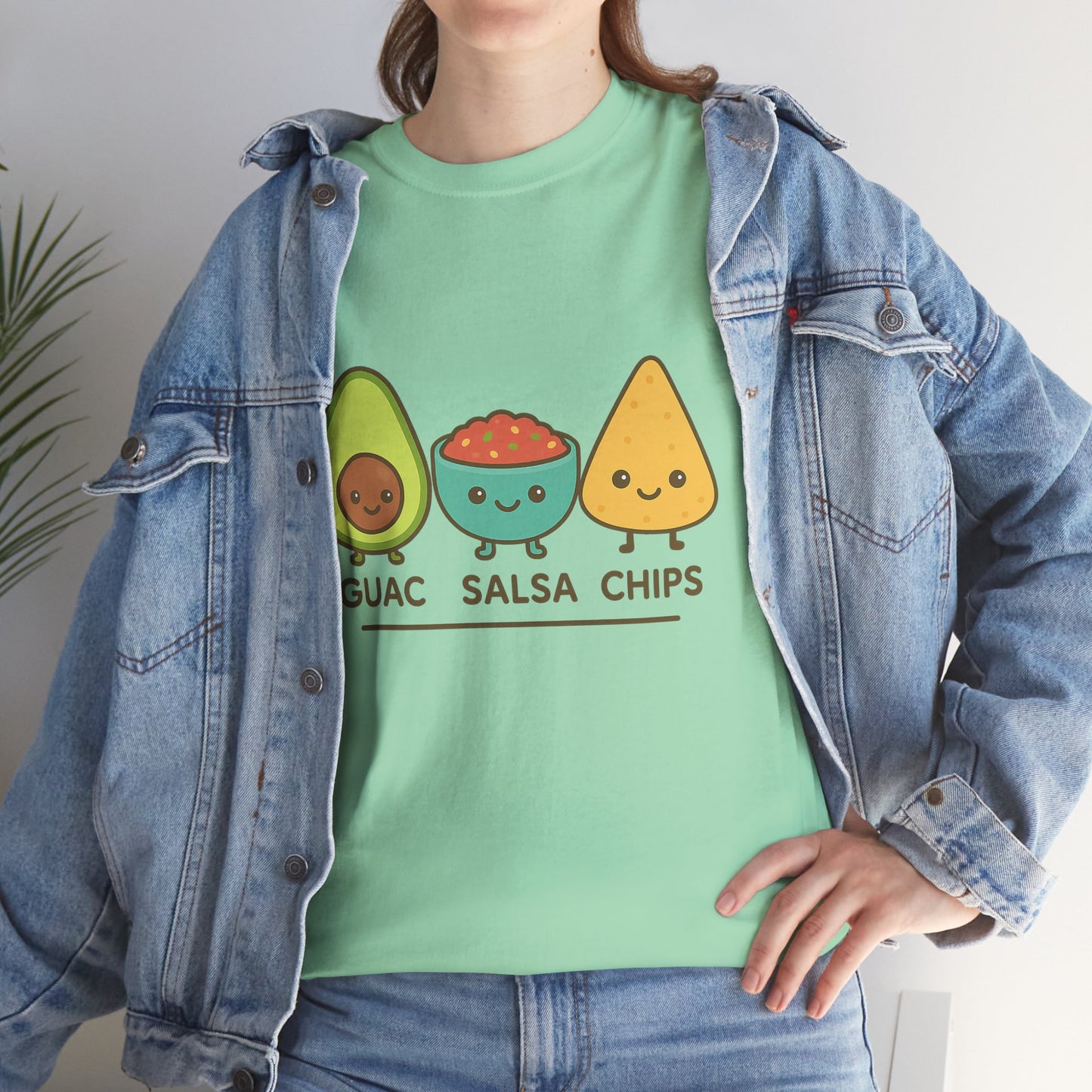 Cute kawaii-style guacamole, salsa, and chip characters