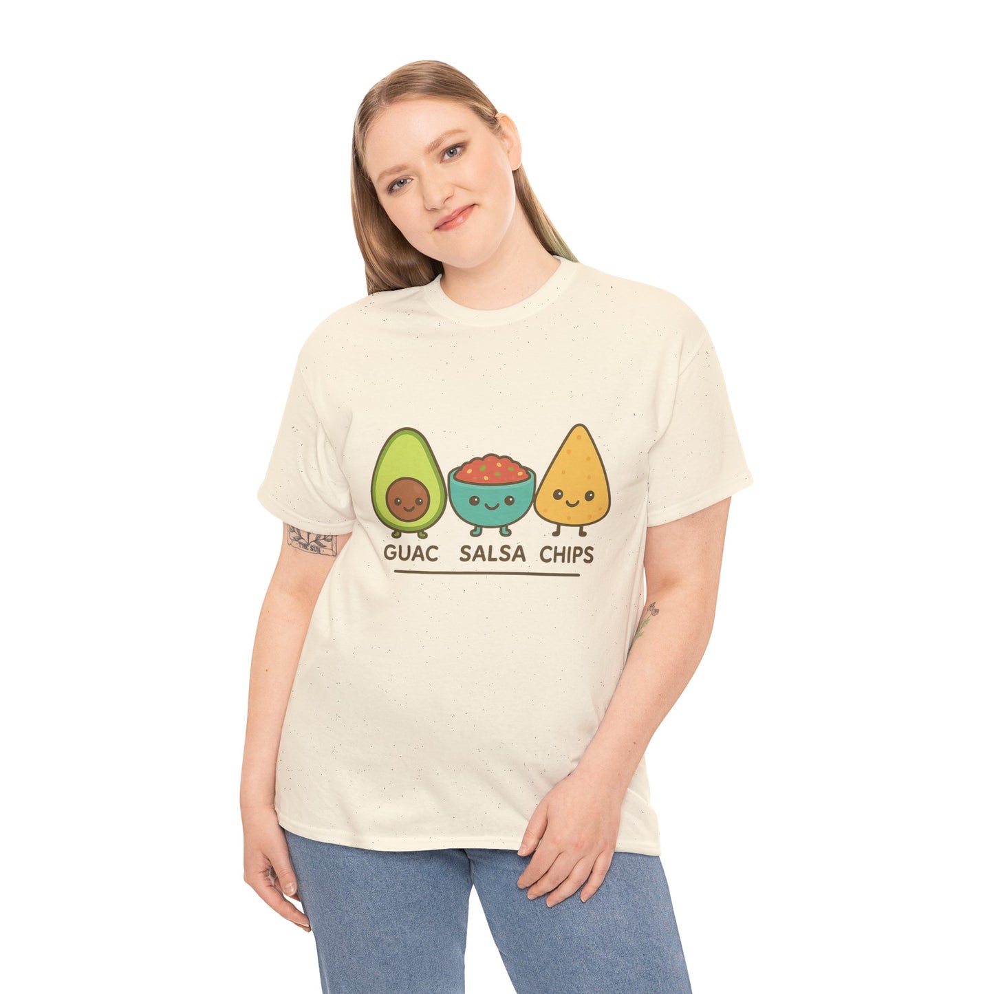 Cute kawaii-style guacamole, salsa, and chip characters
