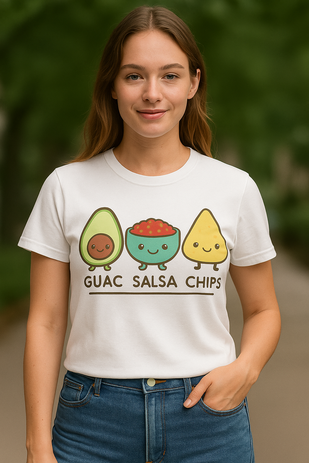Cute kawaii-style guacamole, salsa, and chip characters