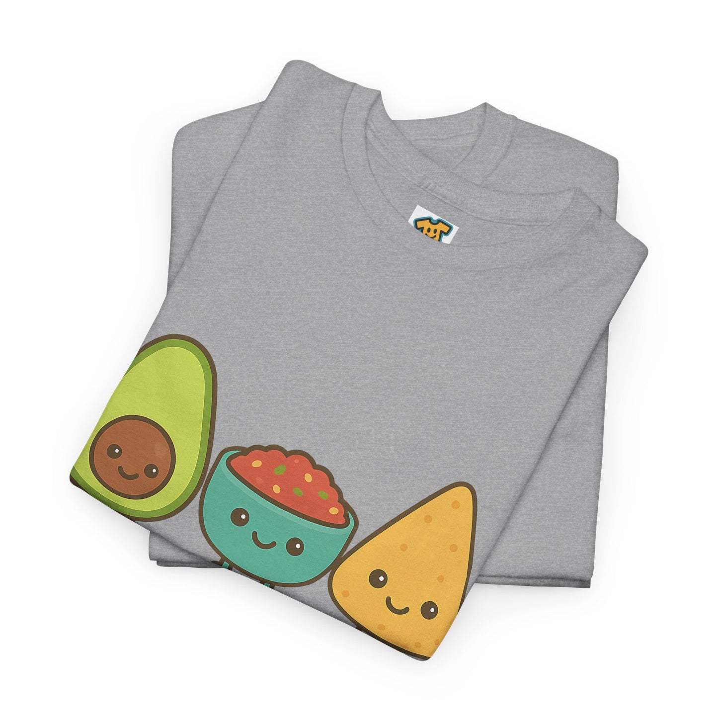 Cute kawaii-style guacamole, salsa, and chip characters