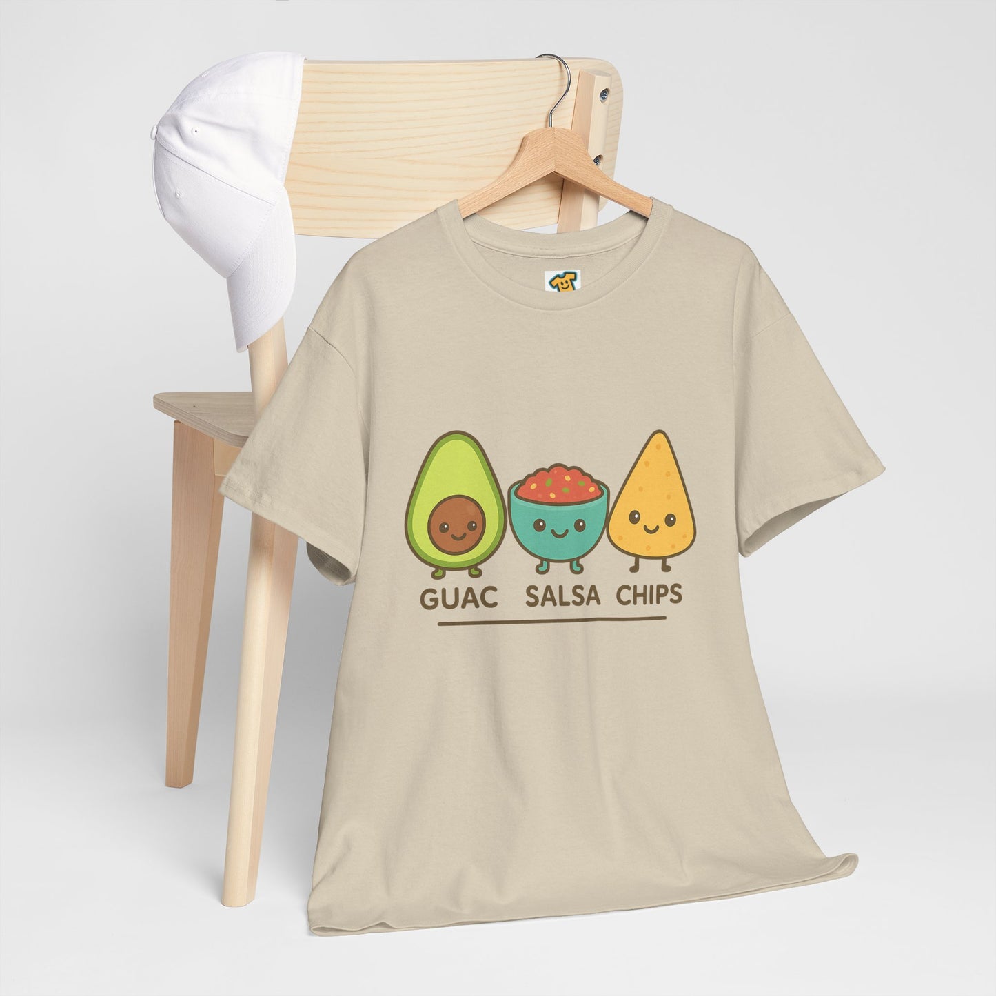 Cute kawaii-style guacamole, salsa, and chip characters