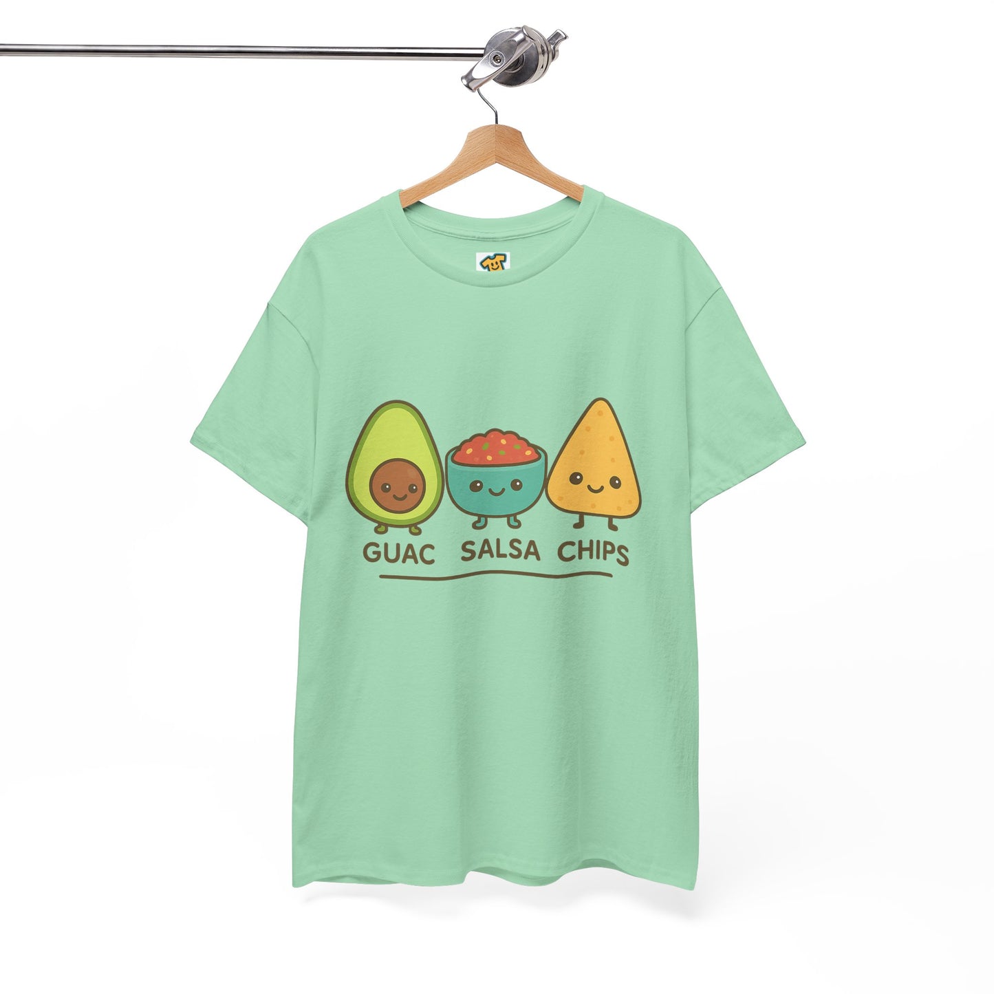 Cute kawaii-style guacamole, salsa, and chip characters
