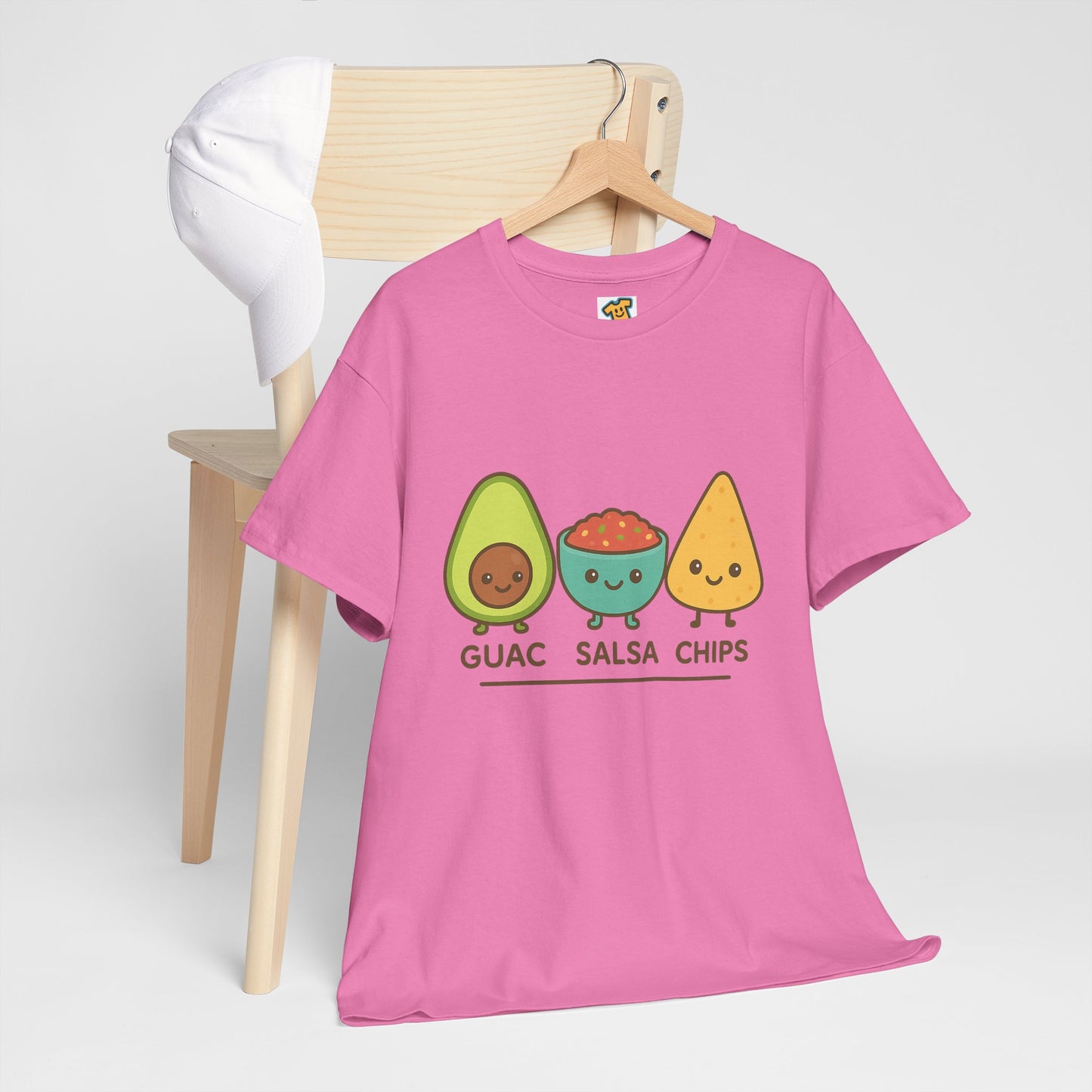 Cute kawaii-style guacamole, salsa, and chip characters
