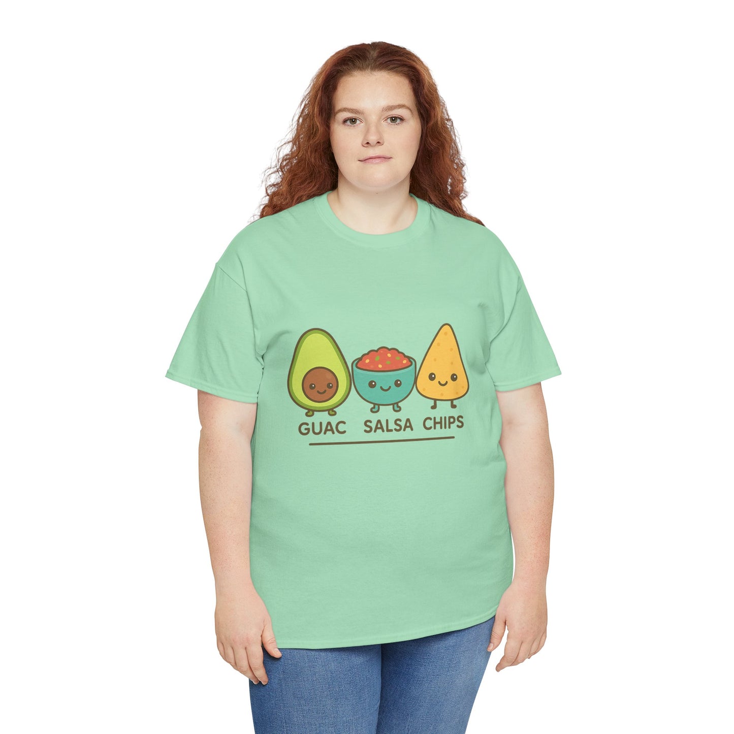 Cute kawaii-style guacamole, salsa, and chip characters