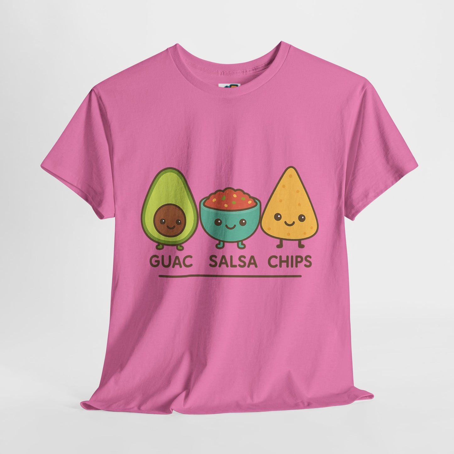 Cute kawaii-style guacamole, salsa, and chip characters