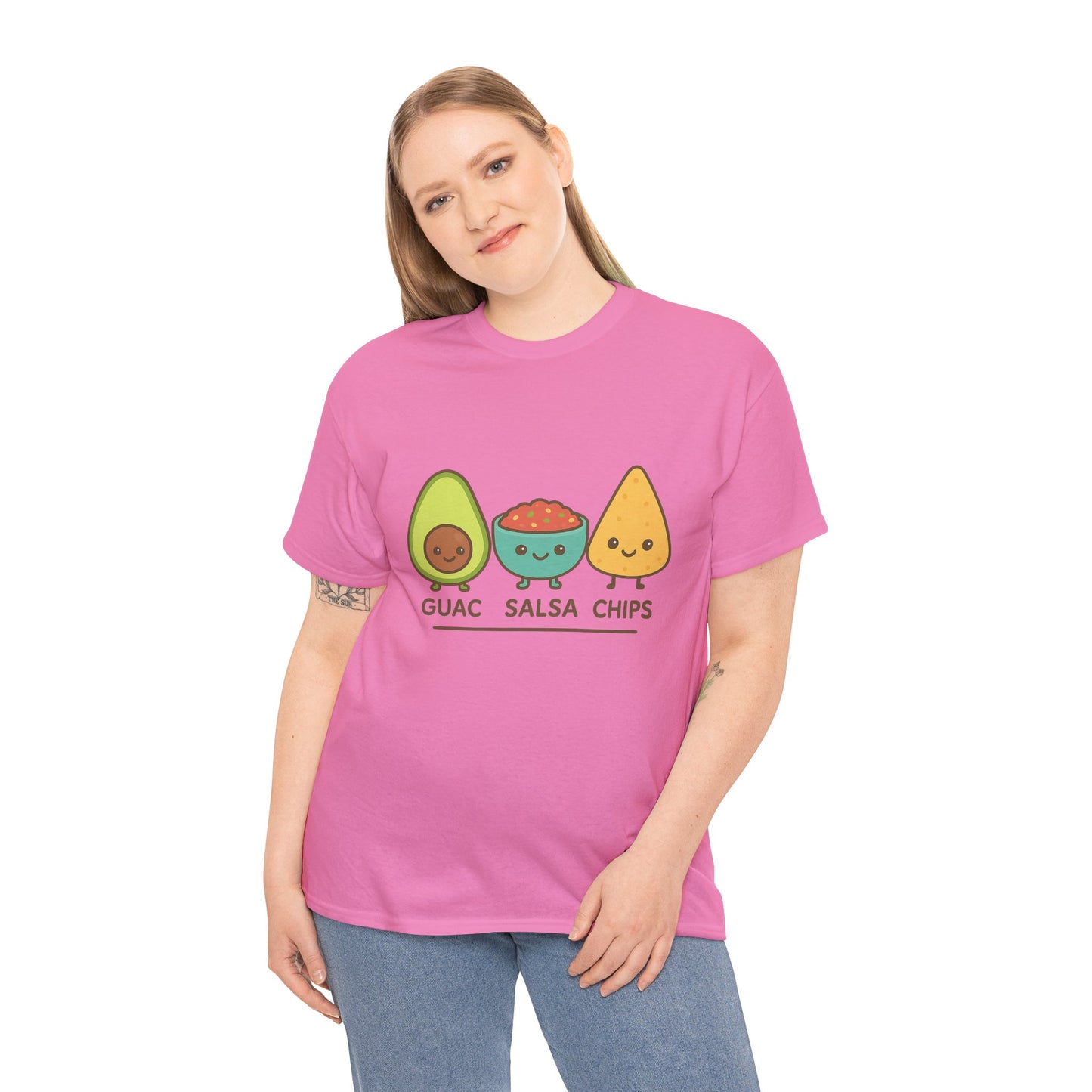Cute kawaii-style guacamole, salsa, and chip characters
