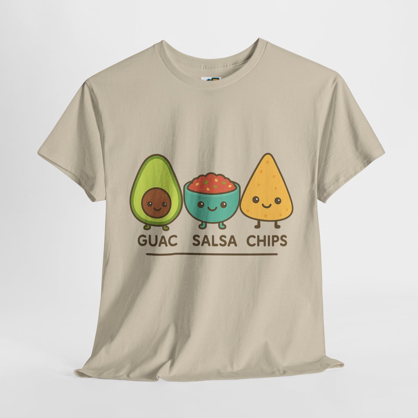 Cute kawaii-style guacamole, salsa, and chip characters