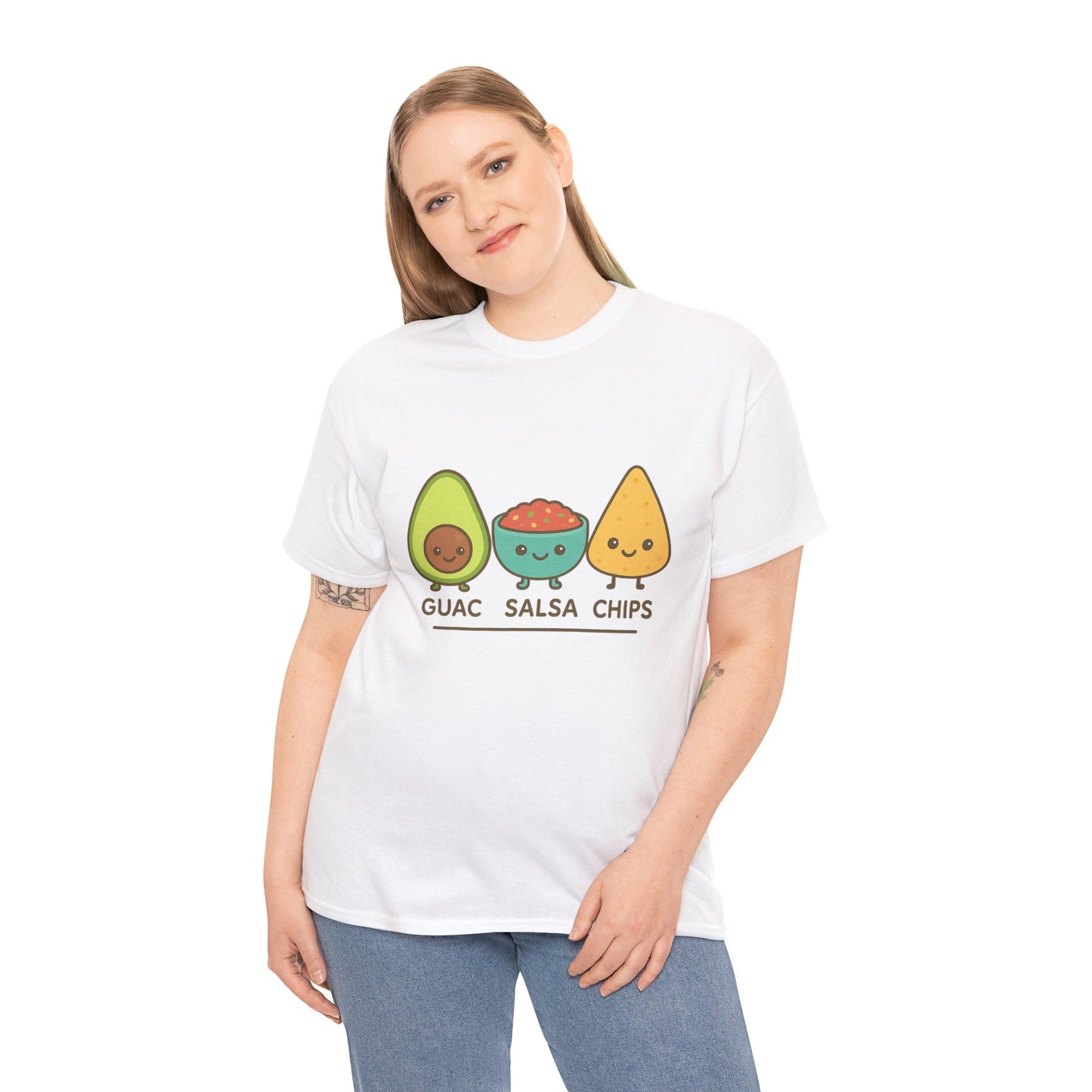 Cute kawaii-style guacamole, salsa, and chip characters