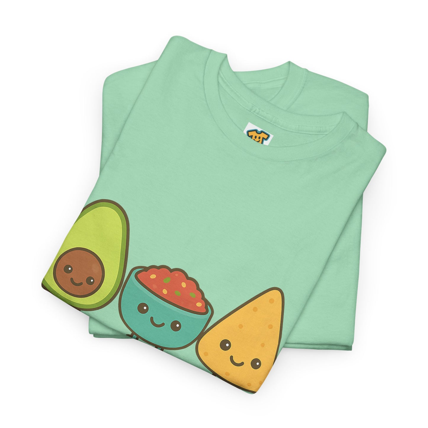 Cute kawaii-style guacamole, salsa, and chip characters