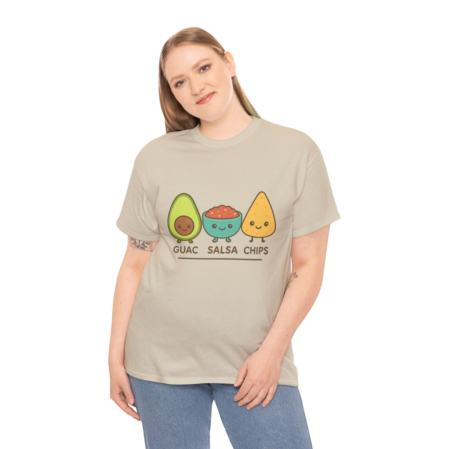 Cute kawaii-style guacamole, salsa, and chip characters