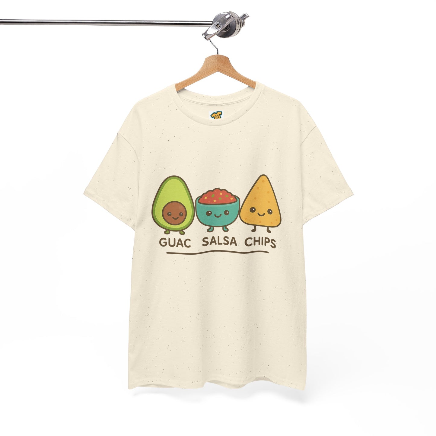Cute kawaii-style guacamole, salsa, and chip characters