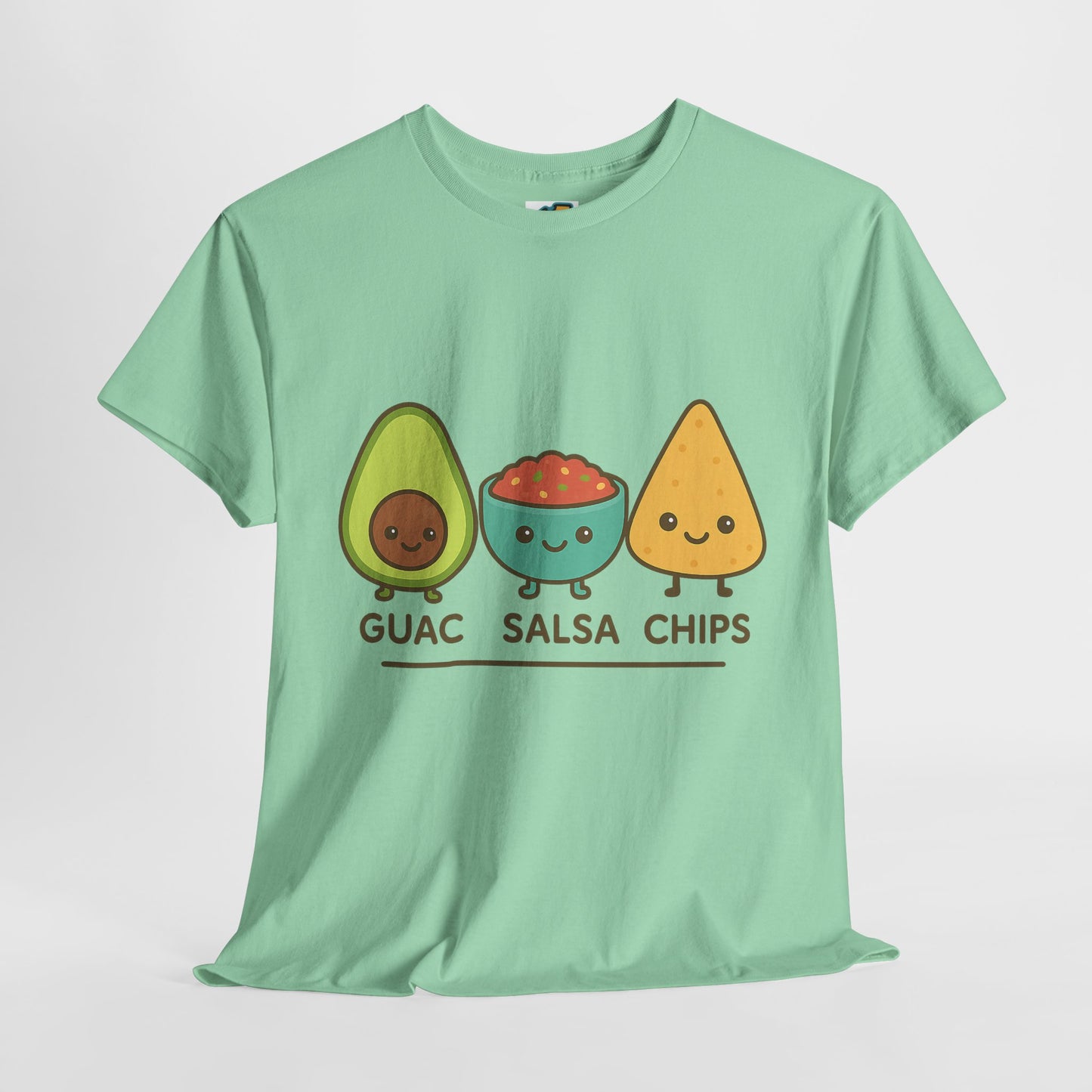 Cute kawaii-style guacamole, salsa, and chip characters