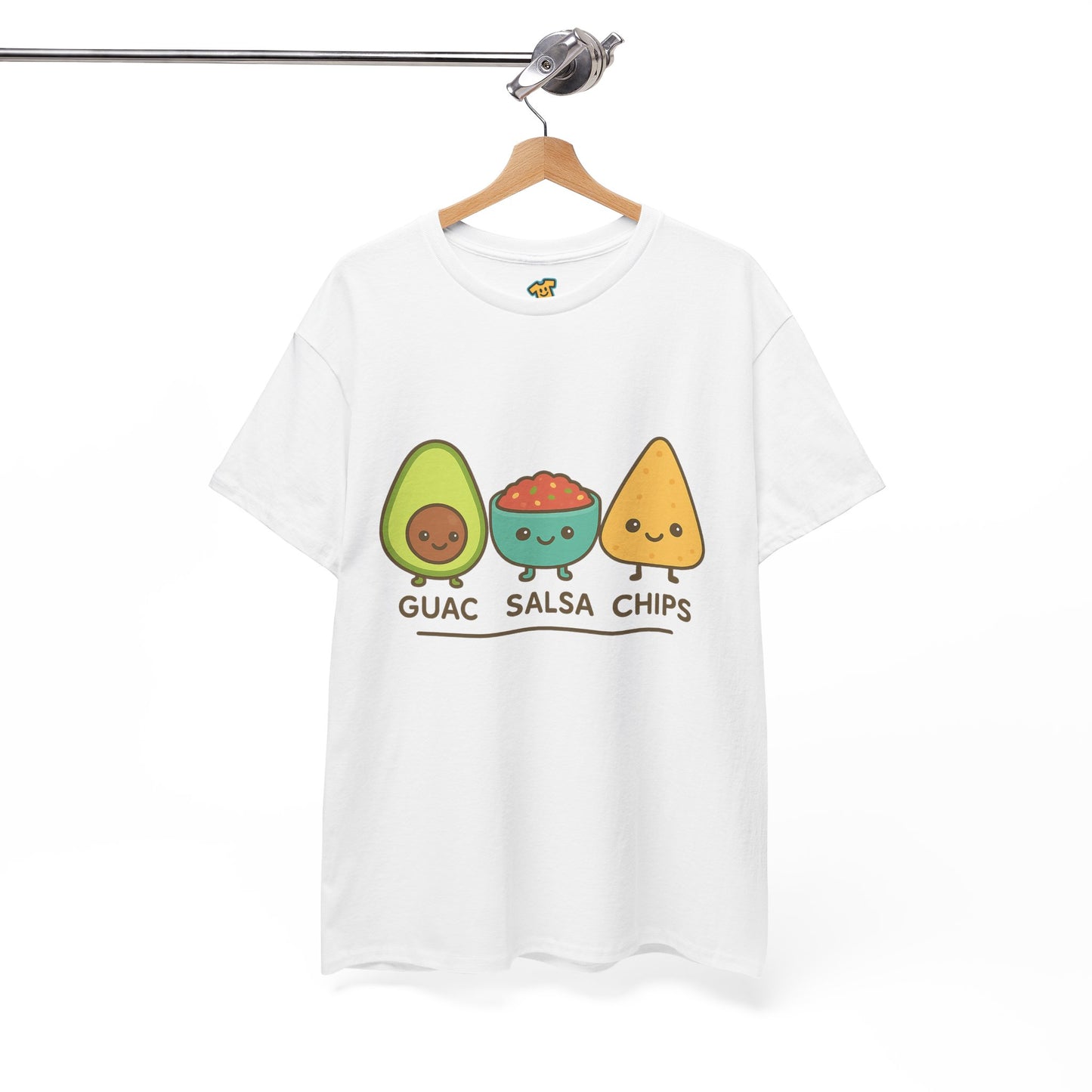 Cute kawaii-style guacamole, salsa, and chip characters