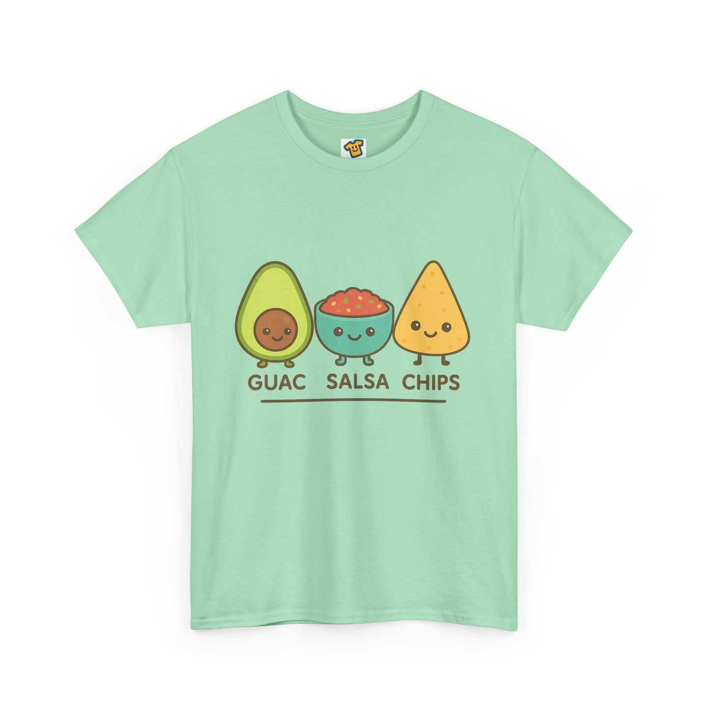 Cute kawaii-style guacamole, salsa, and chip characters