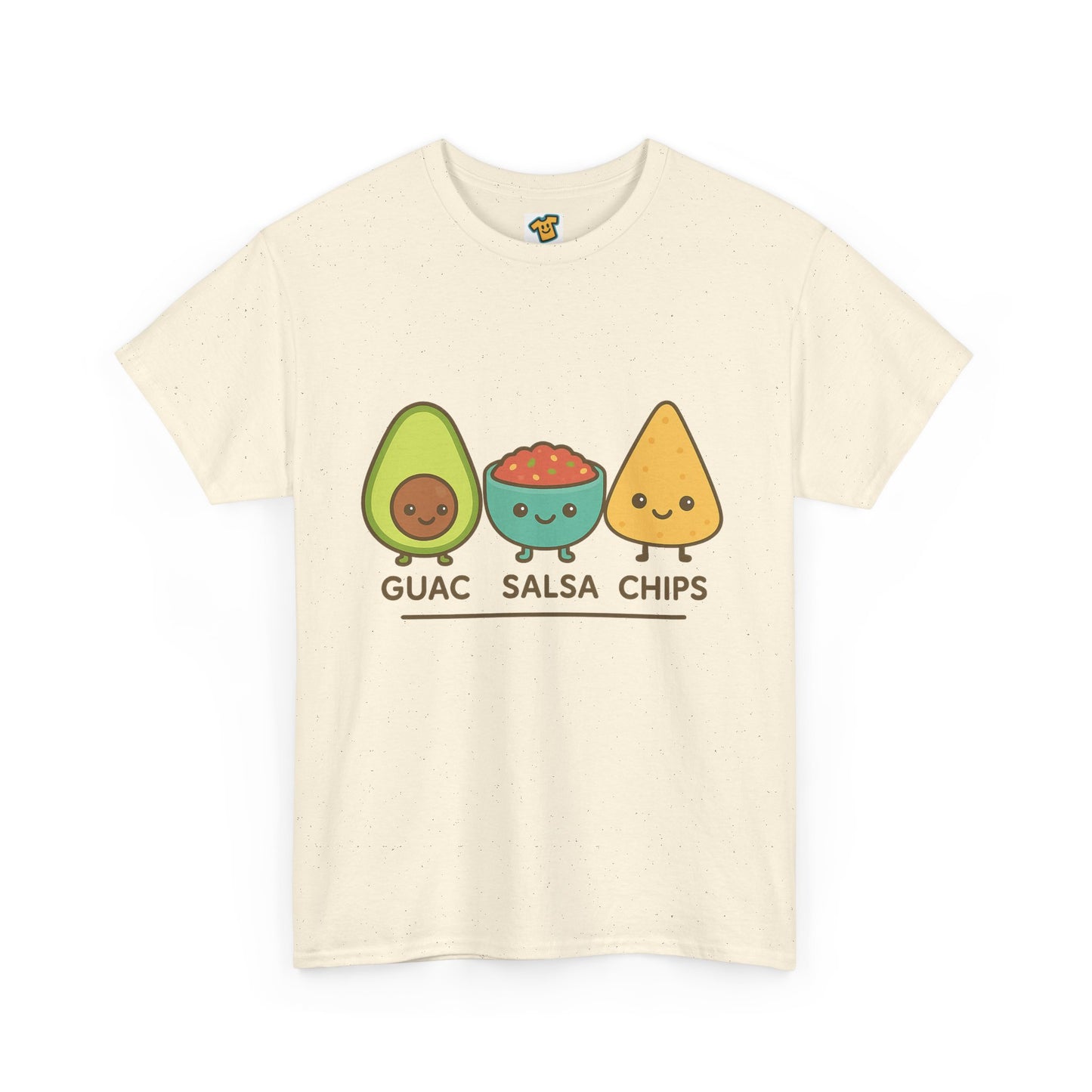Cute kawaii-style guacamole, salsa, and chip characters
