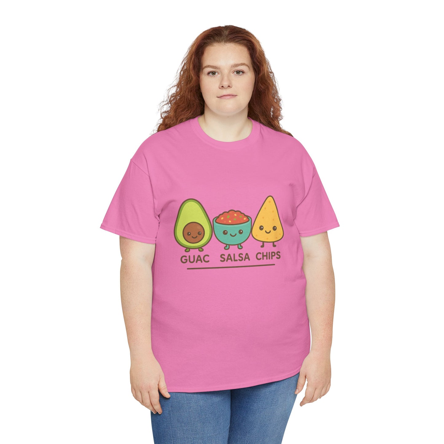 Cute kawaii-style guacamole, salsa, and chip characters
