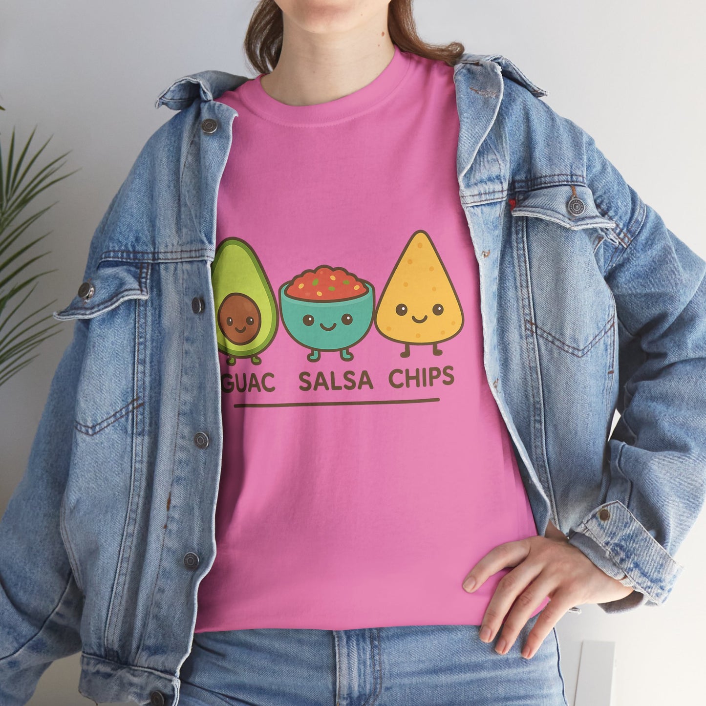 Cute kawaii-style guacamole, salsa, and chip characters