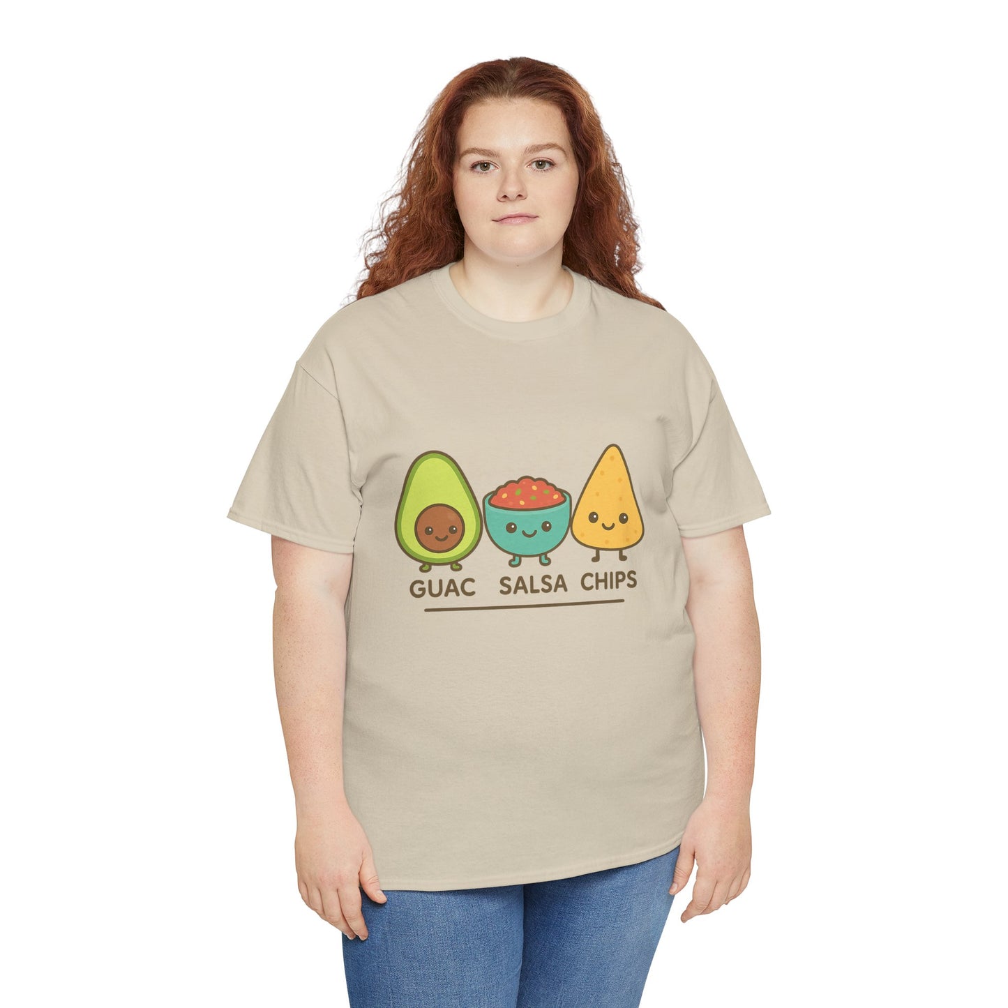 Cute kawaii-style guacamole, salsa, and chip characters